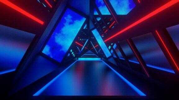 蓝色和红色发光屏幕三角形隧道背景VJ循环在4K