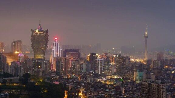 中国澳门城市著名日落雾霾屋顶城市景观全景4k时间的推移