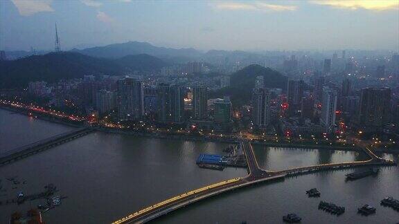 夜间时间珠海湾城市景观港口航拍全景4k中国
