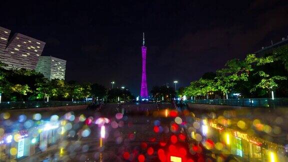 夜光下雨玻璃广州城广州塔模糊全景4k时间流逝中国