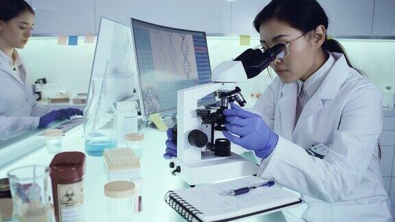 多民族实验室团队处理病原体样本科学家使用显微镜