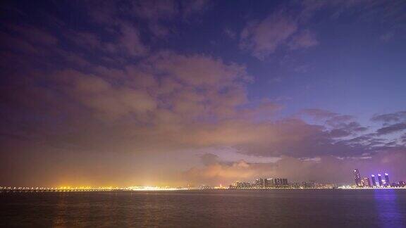 澳门城市湾日落时间珠海夜晚照明海岸线全景时间间隔4k中国