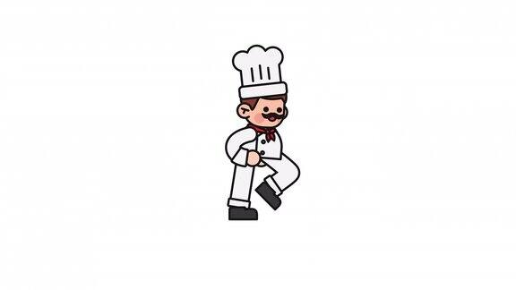 卡通人物厨师穿着白色制服戴着面包师帽行走