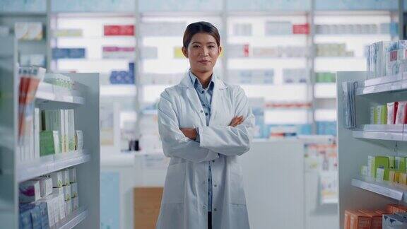 药店:美丽的亚洲药剂师的肖像穿着白大褂双臂交叉站着看着相机迷人地微笑货架上摆满了药品和保健品