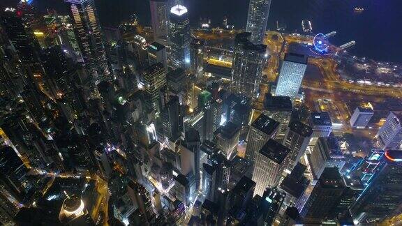中国夜照亮香港市区海湾航拍全景4k