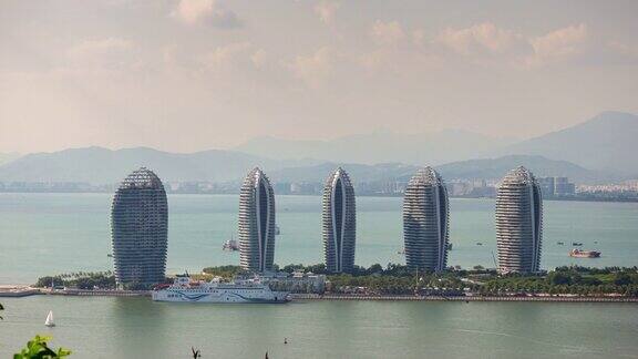 日落三亚著名酒店综合体全景4k时间推移海南岛中国