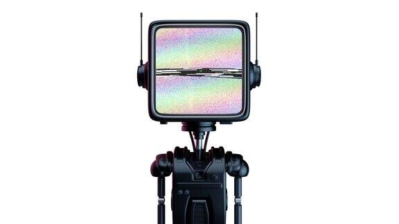 卡通机器人头部形状像显示器屏幕上有数字噪音有趣的科技人物设计概念艺术在线助手机器人或助手渲染3d艺术动画