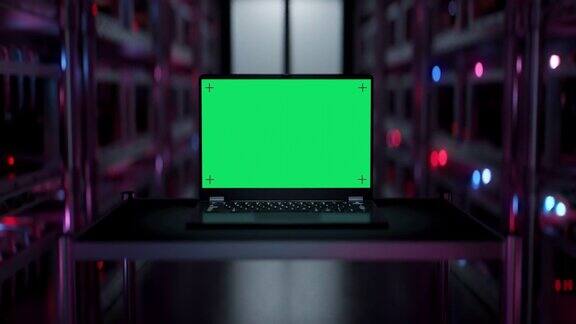 加密货币挖矿中心内的笔记本电脑-绿色屏幕
