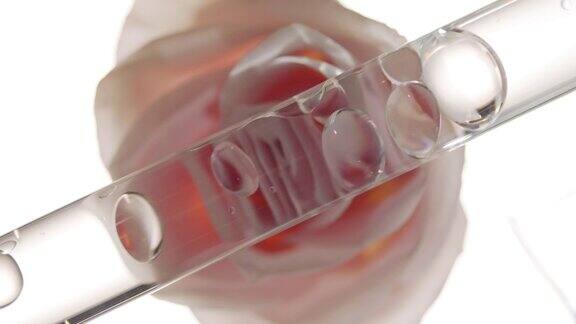 将玫瑰油倒入玻璃管中液体会产生气泡