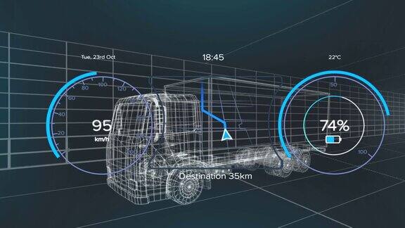 动画速度计gps和充电状态数据的车辆界面超过3d卡车模型