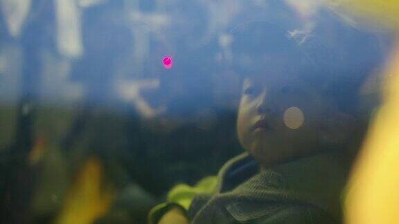 傍晚一个中国男孩在高铁上看着窗外的风景