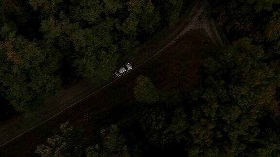 空中汽车在夜间行驶在森林道路上