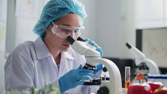 亚洲女农学家在实验室使用显微镜工作