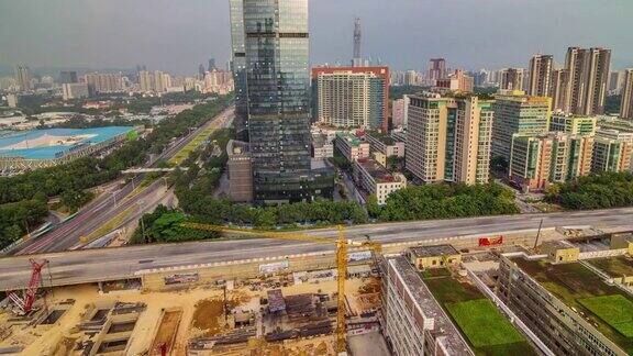 中国深圳天光交通街道建筑屋顶俯视图4k时间推移