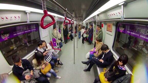 中国广州地铁车厢乘坐乘客观看4k时间推移