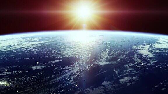 电影般的美丽日出在地球上从太空-与城市灯光4k