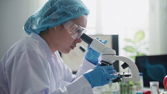 亚洲女农学家在实验室使用显微镜工作
