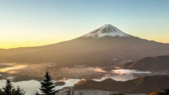 4K延时:富士山日出川口湖鸟瞰图