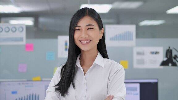 在办公室领导亚洲年轻女性自信的微笑而看着相机摆姿势独自工作到深夜快乐的情绪享受成功的生活方式骄傲在工作