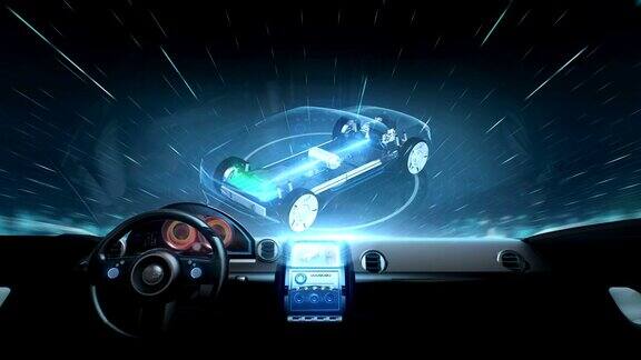 未来混合动力汽车内部旋转电子混合动力电池汽车充电电池内景未来汽车