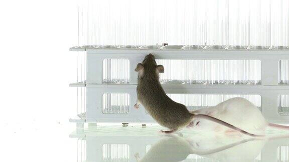 肥胖和健康的对照组小鼠在玻璃管周围玩耍