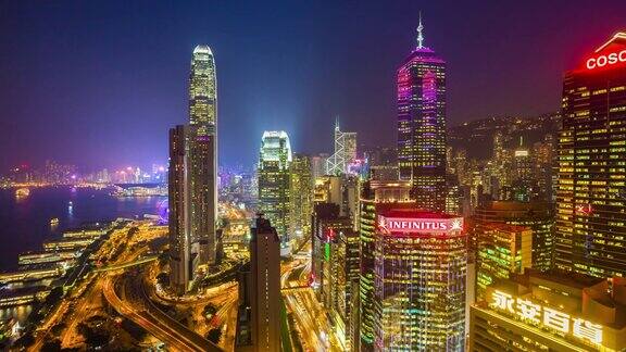 中国夜间照明香港交通湾屋顶全景4k时间推移