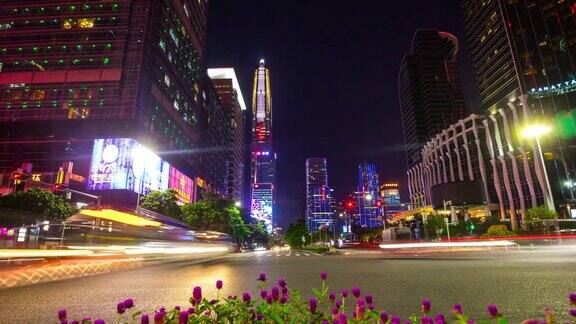 夜深圳交通十字路口花全景4k时间中国