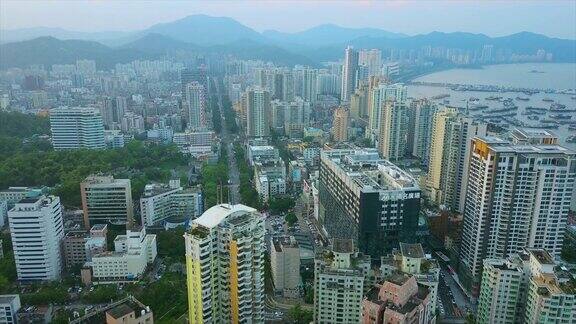 日落时分珠海市景交通街道湾港航拍全景4k中国