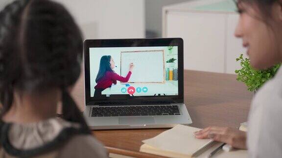 由于冠状病毒大流行亚洲小女孩通过数字远程互联网会议从学校老师那里学习在线课程孩子看电脑笔记本电脑屏幕与母亲的协助
