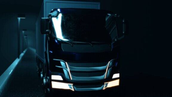 一辆卡车在夜间驶过灯光照明的隧道货运车卡车运输