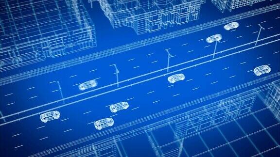 数字汽车驾驶在城市建筑环境优美的三维动画抽象高速公路数字动画的蓝图交通技术