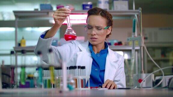 药剂师在实验室在化学实验室处理化学液体的女化学家