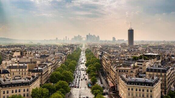 从凯旋门望向法国巴黎的拉德芳斯和香榭丽舍大街4K时间流逝