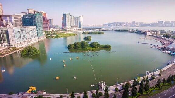 中国日落之光澳门城著名的海湾全景4k时间的推移