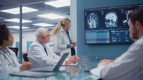 医院会议室:神经学家在电视屏幕上展示核磁共振扫描核磁共振图像神经科学家团队医生讨论病人治疗药物研究医学发展