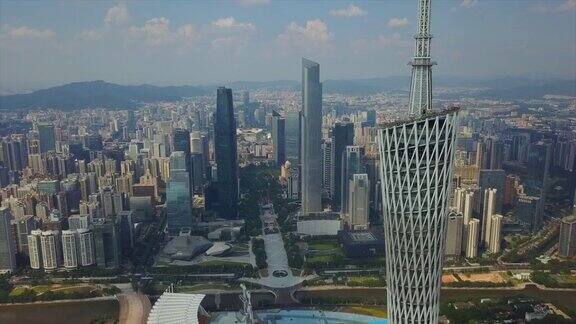 阳光明媚的广州市中心广东塔顶航拍4k中国全景
