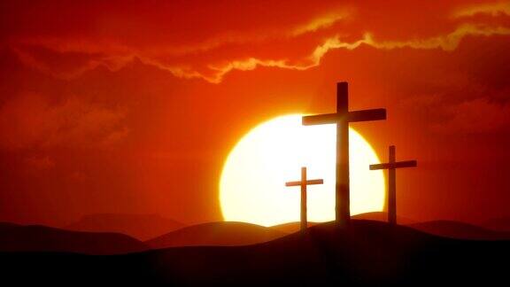 髑髅地的交叉太阳升起在沙漠和三个十字架的剪影