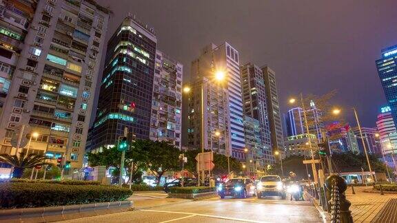 中国夜间照明澳门城市交通街景全景4k时间推移