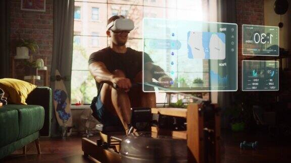 家庭健身房的虚拟现实冠军赛:男子戴着虚拟现实头戴式耳机在排机上锻炼信息图显示卫生保健统计数据和地图运动员使用VR训练健身服务