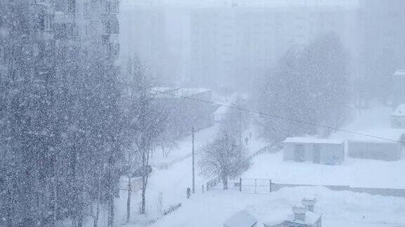城市景观在大雪、暴风雪、暴风雪的街道上呈蓝色