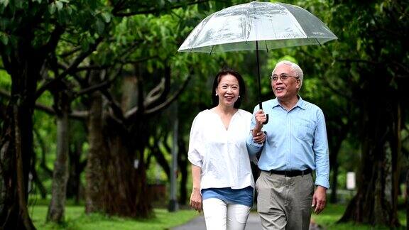 一对老夫妇在雨季在公园散步