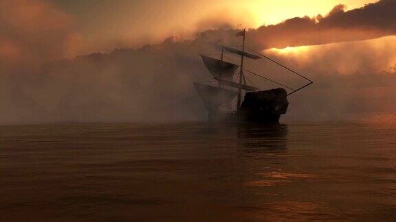 日落时的大雾和旧船