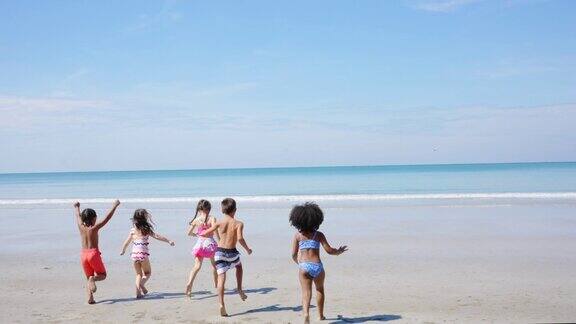 4K多元小朋友在海边的热带沙滩上一起玩暑假