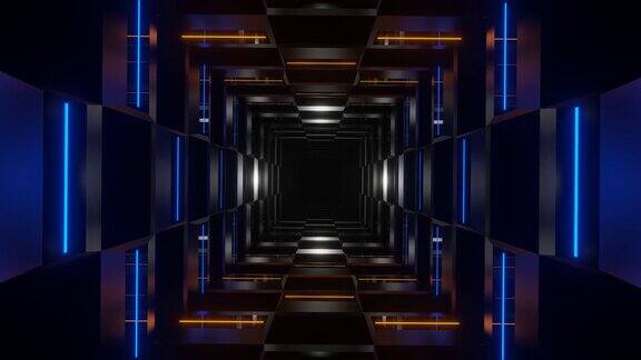 蓝色和橙色霓虹灯辉光象棋类型隧道背景VJ循环在4K
