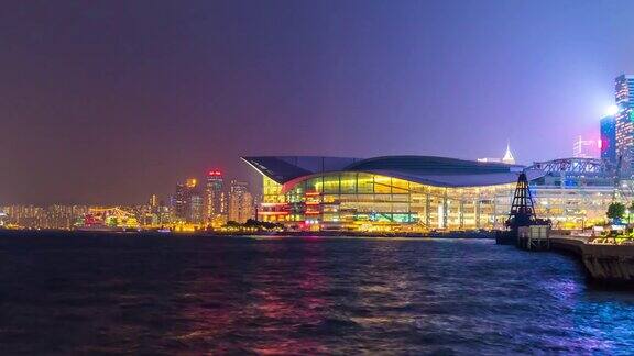 中国夜香港湾会议展览中心全景4k时间推移
