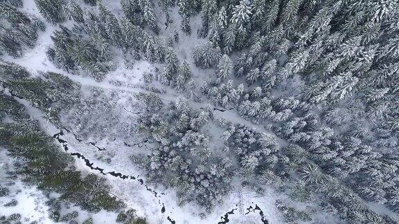 空中俯瞰冬季概念风景中有冬天的树木结冰的河流和积雪的小路