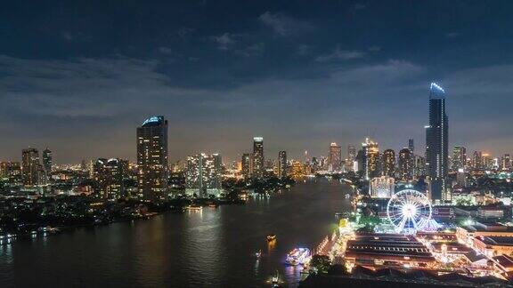 4K时间流逝曼谷城市景观河岸与湄南河在晚上