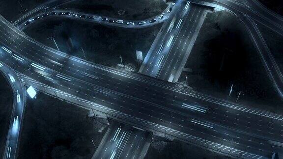 高速公路立交桥上的交通空中夜景延时城市交通