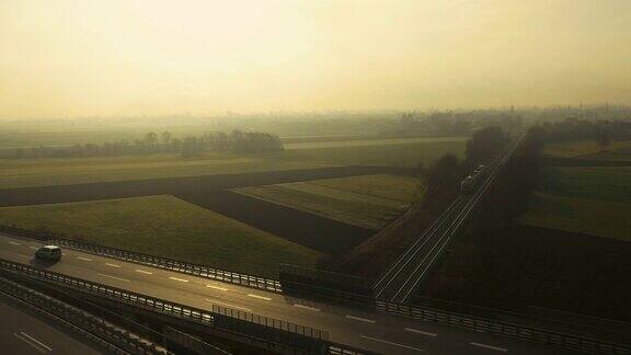 空中火车穿过铁路立交桥