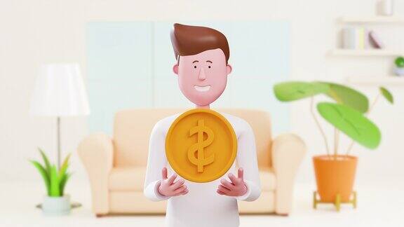 快乐的3d人手里拿着钱硬币在客厅里概念:商业、金融、投资、储蓄、卡通